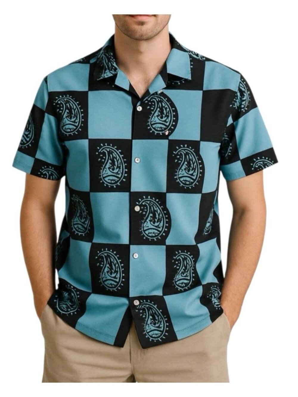 ROMWE Mens Casual Button Down Shirt~Size M~Blue Black Vacay Beach Top~L12 01